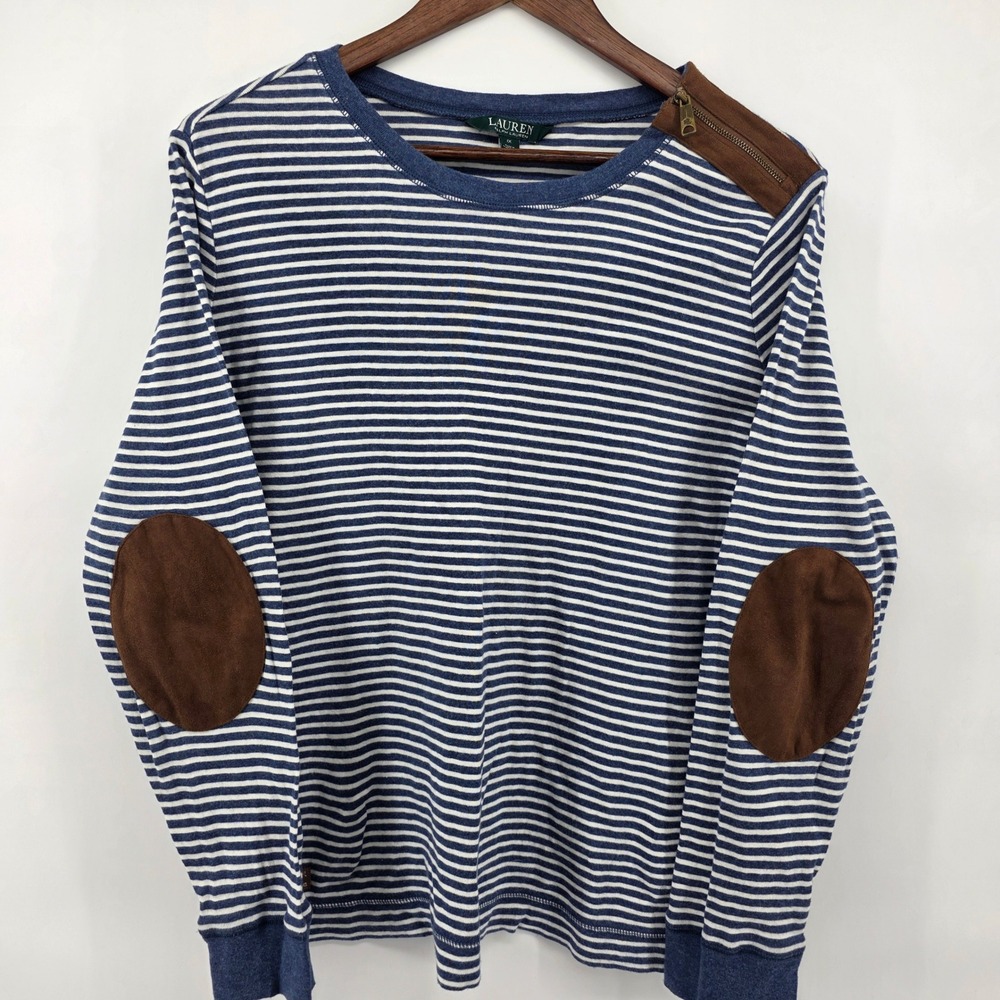 Lauren Ralph Lauren Striped Long Sleeve Top Suede Elbow Patches Zipper‎ Detail
